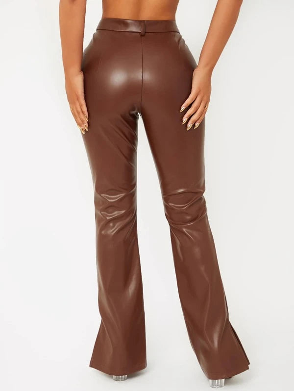 Brown Leather Slit Pants