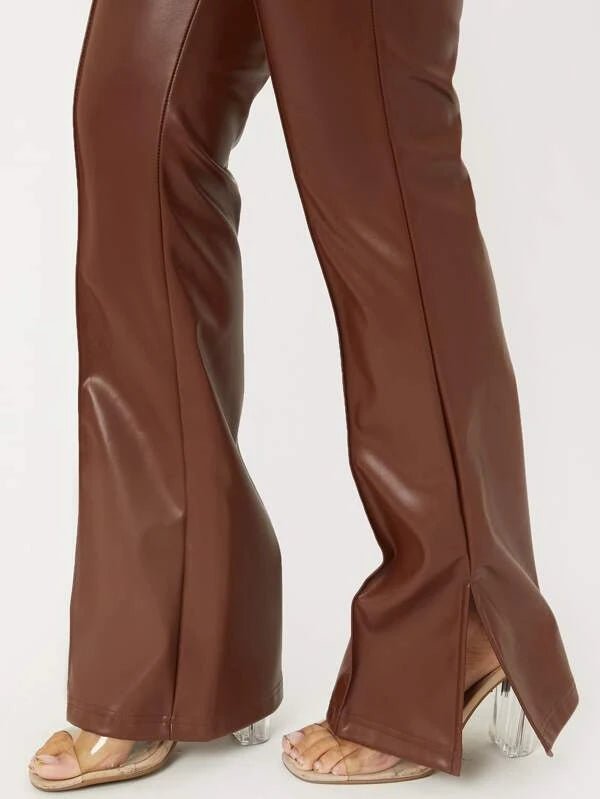 Brown Leather Slit Pants